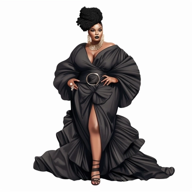 socialite black woman bods, plus size, long massive braids, full glam, fashion icon, talented and good vibes, dressy pant and couture frilly outfit, clipart, Juneteenth colors, white background