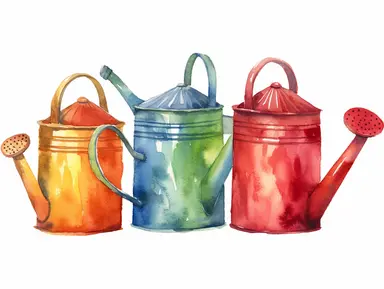 Watercolor clip art on white background, Watering Cans Clipart, high-resolution image with vibrant and true-to-life colors, isolated