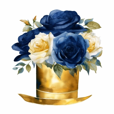 minimalist elegant watercolor boquet of an english garden rose in royal blue on a vivid gold hat box vase, clipart, hd, on white background