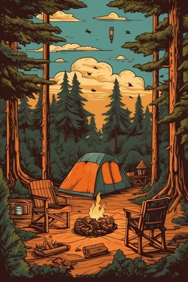 camping scene with campfire, chairs, and tent in the woods during the summer months. vector clip art illustration, detailed, rustic