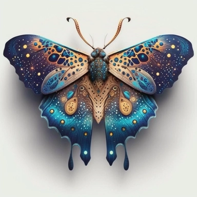 Best Colorful, a Moth Clipart, fantasy Moth Png, exotic moth, vibrant colours, white background, no text, front look, An enchanting mystical moth clipart showcasing a blend of celestial turquoise and deep navy blue, with intricate patterns evoking the mysteries of the night sky, against a white backdrop.