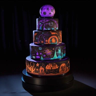 Interactive halloween cake, 5-tier, spherical design, each tier representing a celestial body in the couple's unique layer, hand-painted with edible luminescent colors, creating an ethereal glow in dim lighting, a motorized, food-safe mechanism enabling the tiers to rotate slowly, decorated with sugar constellations depicting the couple's love story, an embedded touchscreen interface allowing guests to explore the cake's design, and a built-in, synchronized light and sound show that activates wh