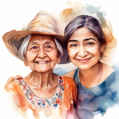 smiling old mexican mom and adult mexican daughter with watercolor effect, realistic faces, mothers day, suitable for digital clipart, magic scene, white background