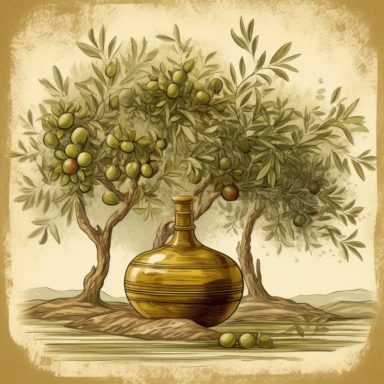 Olive oil in front of an olive tree. Vintage, Artistic, clipart, detailed