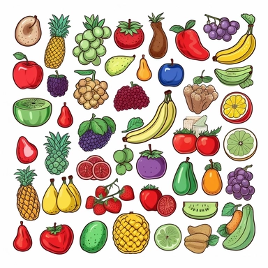 cartoon style vector drawing, doodle style, picture of fruis and vegetables like banana, apple, broccoli, strawberry, potato, watermelon, tomato, cabbage, orange etc in color clip art on white background