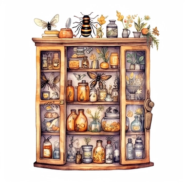 whimsical watercolour clip art curiosity cabinet with glass doors. Bee and honey themed