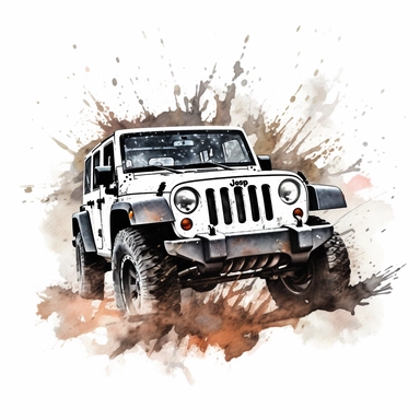 Realistic illustration of a 4 door rubicon Jeep wrangler 2013, silver body with black top, driving up a muddy hill, watercolor style, clipart style on white background, 8k, hyper realistic paint with splashes