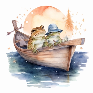 cute Cottagecore frog and toad in a boat on a pond with celestial accents, Clipart, watercolor, white background with margins