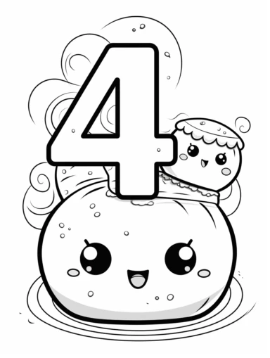 kawaii number 4 in the center for a kids coloring book without color, clip art illustration, bold outline, white background,