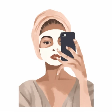 a watercolor sticker of a woman taking a selfie with face mask and towel on her hair. Clipart. Neutral beige faded color palette. White background. Artistic illustration. Minimal. Hand-drawn.