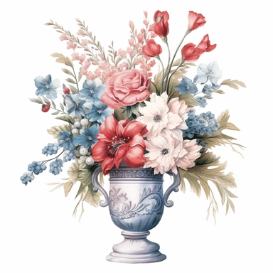 pastel red white blue color vintage wedding floral bouquet in a vase clipart