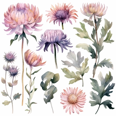 Clipart Watercolor chrysanthemum, passion flower, artichoke, clipart elements bundle