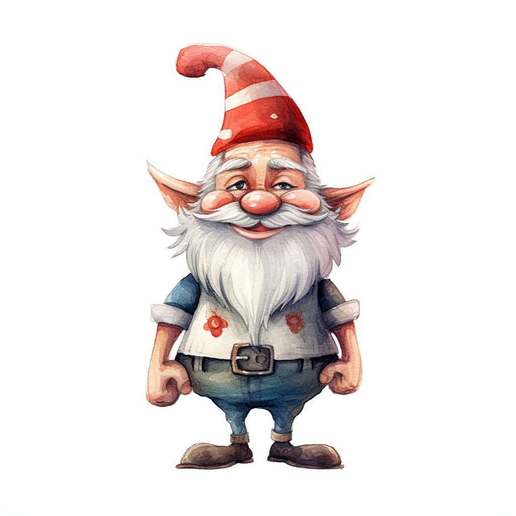 Create a whimsical clipart of a stout and rosy-cheeked gnome standing ...