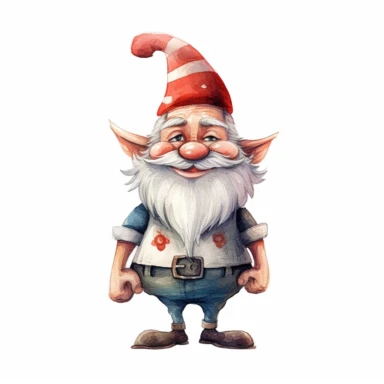 Create a whimsical clipart of a stout and rosy-cheeked gnome standing upright, with a mischievous smile on its face. The gnome’s round nose and curly beard should be prominent features that are endearing to the viewer. The watercolor texture should be evident, giving the clipart a touch of playfulness and artistic quality. The background should have a plain, high contrasted color to draw full attention to the gnome. Make the drawing realistic, so that it looks as though it could come to life, in