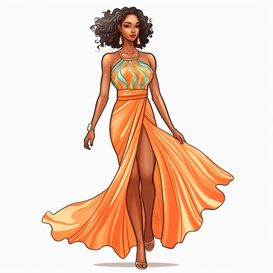 ultra realistic, clipart, hand-drawn, young African American woman is wearing a vibrant and colorful orange halter sundress that fits her curvy hips perfectly. The dress has a flowing and breezy fabric that moves with the gentle summer breeze. The halter neckline accentuates her shoulders and arms, and the back of the dress is open, revealing her glowing skin. She completes her outfit with a pair of simple and elegant sandals that complement the dress's floral pattern. Her long straight silk pre
