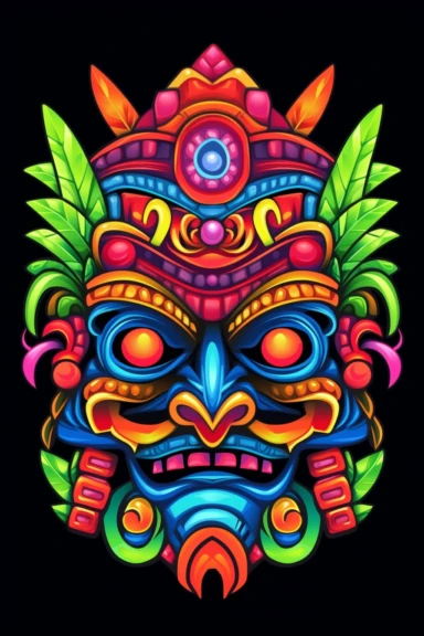 samurai jeweled tiki, clipart, neon on black background, vector