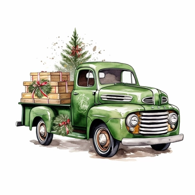 christmas vintage green truck with christmas decoration, clipart on solid white background