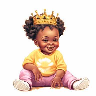 A black baby girl with gold crown and sunflowers, dressed in yellow, yellow sneakers, smiling, sitting down, cartoon, watercolor clipart