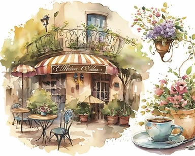 Clipart, Watercolor painting, coffee shop, As the gentle breeze carries the faint scent of freshly brewed coffee, you find yourself captivated by the scene before you. Nestled among a quaint street lined with charming buildings, a picturesque cafe comes into view. The outdoor seating area beckons with its rustic charm, adorned with wrought-iron chairs and tables adorned with vibrant potted flowers. The centerpiece of the cafe is an intriguing structure, an architectural marvel that combines clas