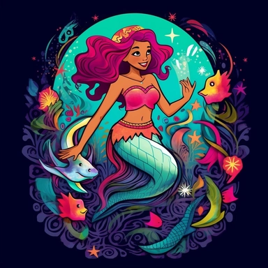 a clipart art T-shirt design black African American magical color colorful mermaid of the the sea cartoon Disney Pixar