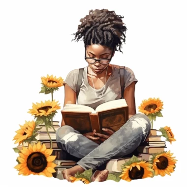 imagine black, African American young woman surrounded by books and sunflowers whilst reading intently, clipart, hyper realistic, watercolor style, white background