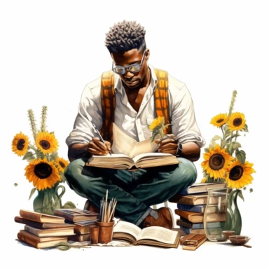 3 black, African American young man reading at desk surrounded by books and sunflowers whilst reading intently, clipart, hyper realistic, watercolor style, white background