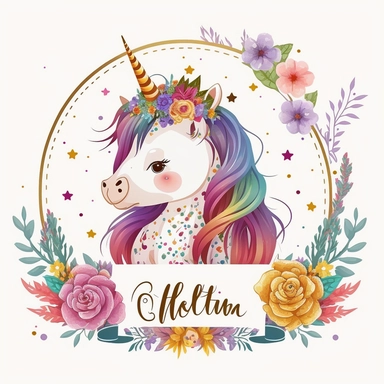 cute unicorn in chibi style with flowers in hair, colourful rainbow colours, well lite, with name plate ribbon with gold trim, watercolor clipart using procreate grain brush, svg white background