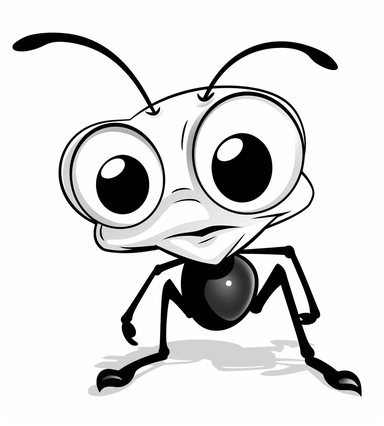 Ant, a cute cartoon, black and white colorring page for kids, Clip Art, cartoon character, no text, white background