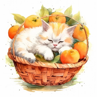 Watercolor white persian colored kitten peacfully sleeping in a laundry basket clipart, persian breed, peacefully sleeping cat, eyes closed, similing kitten, surrounded by oranges and orange leaf and branches, couple of oranges, high detail oranges, high quality drawing, high quality, body visible, summer colors, hairs are visible, summer day theme, valentines day theme, full body kitten, crawling in basket, peacefull feeling, childlike innocence and charm, shy kitten, Oh my god its so cute, I c