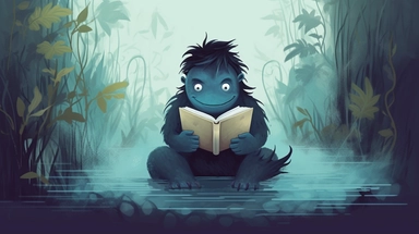 high quality clip art of reading monster in swamp, black hair and black suit, white solid color background, cold color palette based blue, Pro freelance, Illustration agency, behance style,