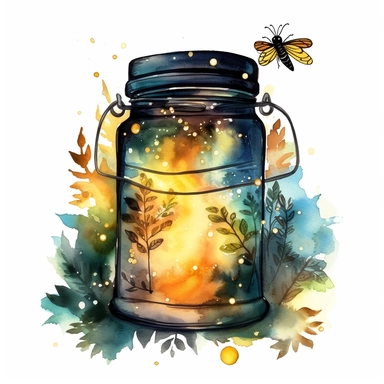 mason jar, fireflies, , watercolor, clipart