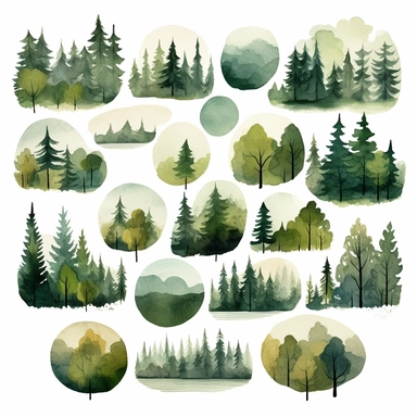 clip art forest elements sprites (montains, far forests, sun, clouds, rivers) sheet by jon klassen，clean
