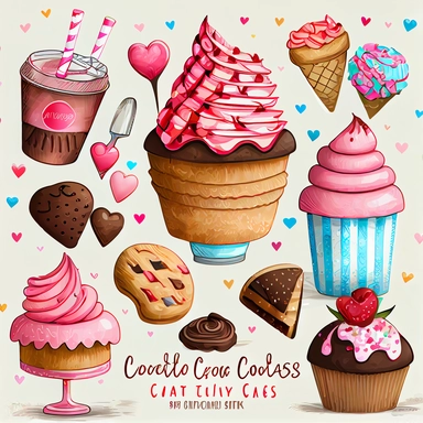 valentines day treats, cupcakes, chocolate candy, ice cream soda, cakes and cookies clipart set, hand-drawn,