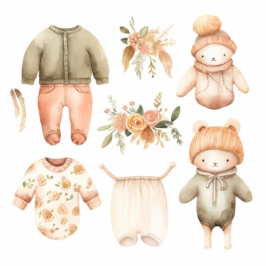 CLIPART, cute boho vintage watercolor baby clothes, newborn, nursery, maternity, texture