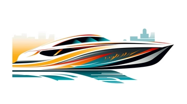 Contemporary and minimalist vector clipart featuring a stylized Cigarette Racing 42X speedboat, represented by bold lines and abstract shapes, highlighting the boat's distinctive design, suitable for use in logos, icons, or nautical infographics, on a clean white background
