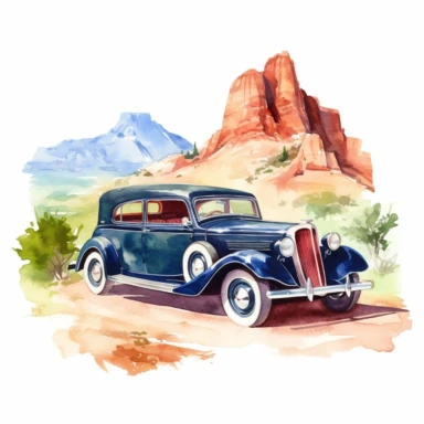road trip memories, vintage car parked at a scenic overlook, watercolor clipart, minimalist, bright colors, isolated white background, 8k