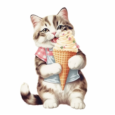 very cute vintage 1950s illustration: Isolated on white background for removing background, Draw or find clipart of a calico cat using an ice cream maker or holding an ice cream cone. high detail.
