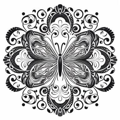 black lineart mandala made of butterflies, with damaks scrolls and swirls. Ornate clipart on a white background
