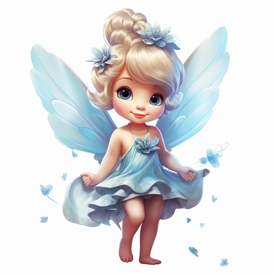a beautiful happy baby fairy girl, blue flowered dress, blue eyes, highly detailed image, full body image, big wings, pixar style, clipart, white background,