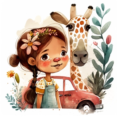 watercolor clipart, A car racing with a family inside, a 6-year-old child and the parents, motion, the girl sees a dog outside the car, the girl sees a giraffe outside the car, magic, illustration story book style for children