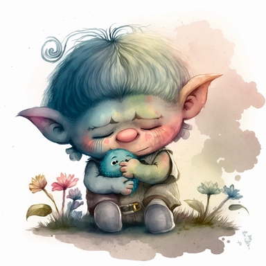 a watercolor clip art character illustration that combines the innocent and angelic expression of Precious Moments with the mischievous and magical attributes of Trolls, comforting another troll character who is feeling sad or down, demonstrating empathy and compassion., white background.