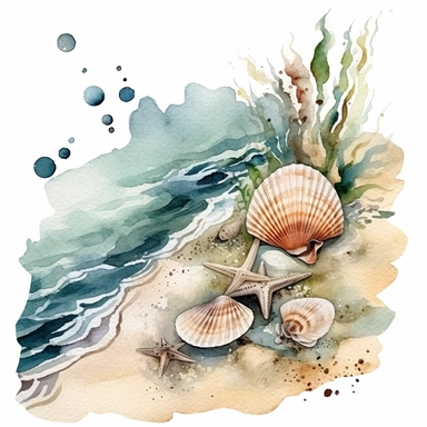 Create a captivating watercolor clipart illustration capturing the moodiness of the sea and beach, Picture a rugged coastline with crashing waves and dramatic clouds, Scatter beautifully rendered seashells along the shore, showcasing their intricate textures and muted colors, Use a dark and rich color palette to evoke a sense of mystery and depth, The artwork should be high-definition, with a spacious composition and a 3:2 aspect ratio, Present the final illustration on a white background, ensur