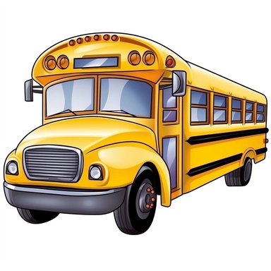 a School bus cartoon clipart on a white background, caricature-like, two-dimensional