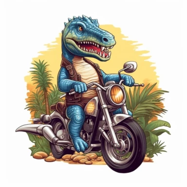 Create a clipart of a cute brachiosaurus in a leather jacket riding a vintage motorcycle. Strong and aggressive colors. Jungle trees before a White Background, soft lighting.