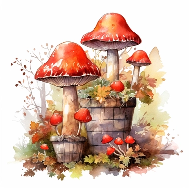 picturesque garden scene, clay pots filled with red cap mushrooms, clipart on white background, watercolor style, autumn vibes, super high detail high quality 16k HD, painted by Beatrix Potter