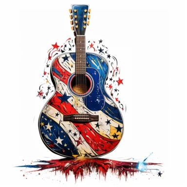 An acoustic guitar painted in stars and stripes, representing music and festivities, isolated on a white background, abstract expressionist style, clipart,