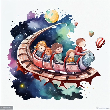 Children riding space roller coaster, watercolor Illustration clipart, 4K, extremely detailed