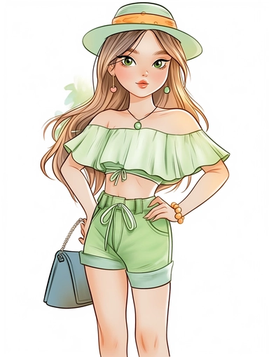 cute summer girl full body drawing, illustration clipart, detailed, black outline, white background, digital art, watercolor