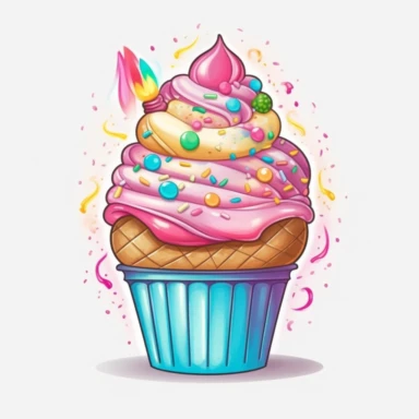 Generate a clipart image of a birthday cake with an ice cream theme. Incorporate elements like ice cream cones, scoops of ice cream, and colorful sprinkles to create a cake that resembles a giant ice cream sundae.