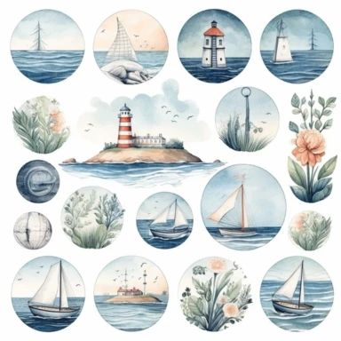 Watercolor Seaside relax collection. Sea rest clipart for design in PNG. Nautical DIGITAL set. Mediterranean weekend clipart, 300 dpi